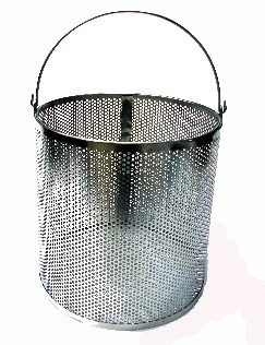 This perforated sheet metal basket is made with stainless steel materials.